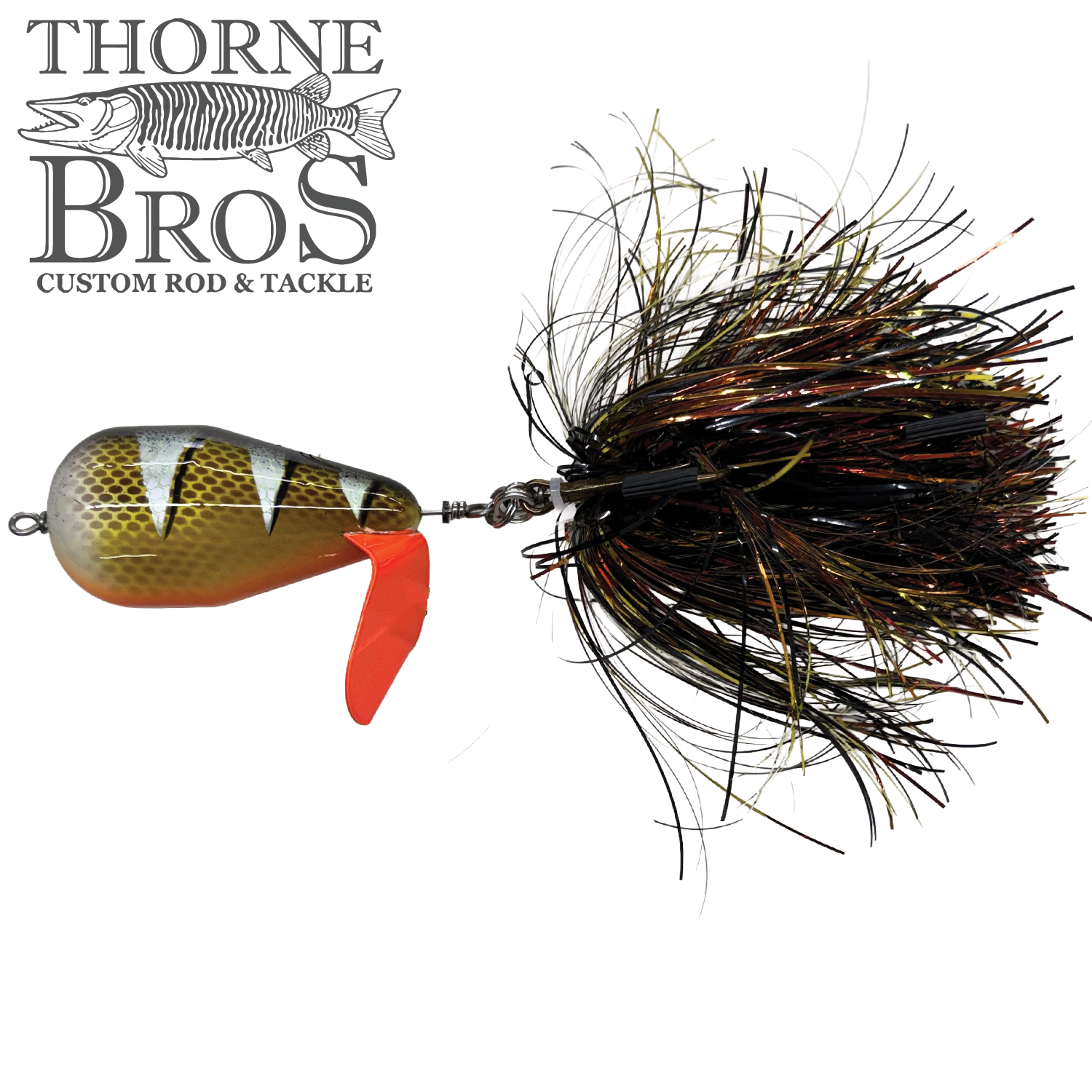 Spanky Baits Violence fishing lure featuring a detailed yellow and black patterned body with a red fin and a dense, multi-colored feathered skirt designed for musky fishing tackle.