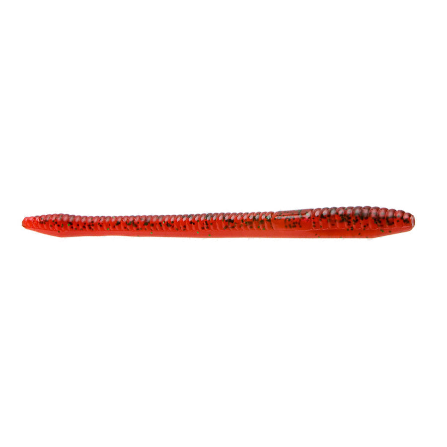 Close-up of a red and black speckled Zoom Finesse Worm fishing lure designed for use in fishing tackle to attract fish.
