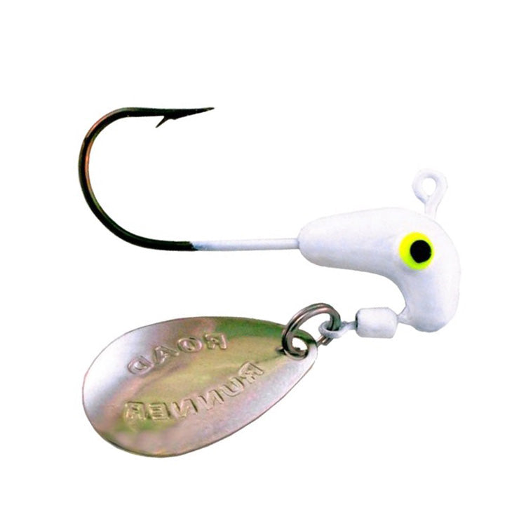 Blakemore Original Road Runner Head fishing lure with a white weighted head featuring a yellow and black eye, a sharp black hook, and a shiny silver spinner blade engraved with the product name.