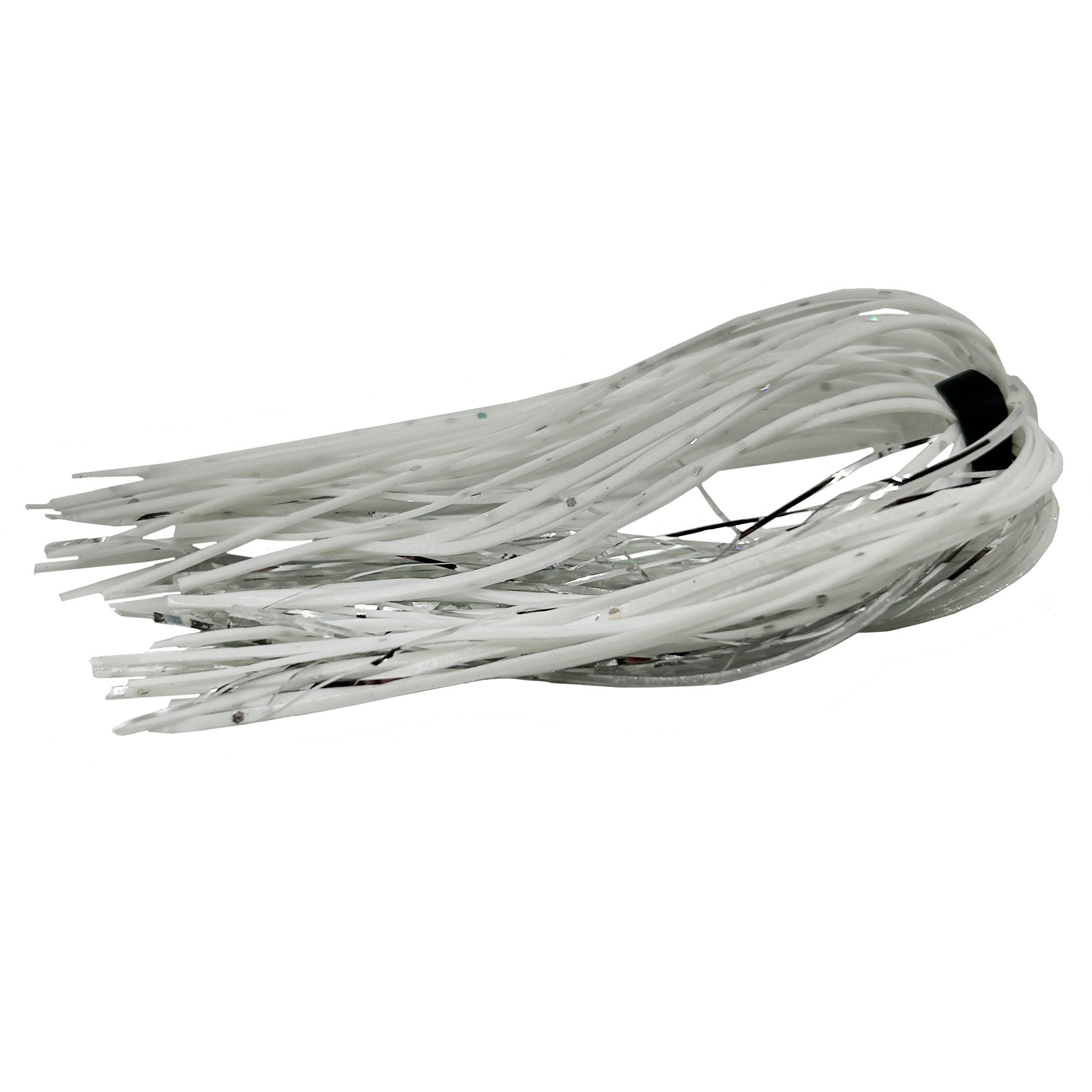 Outkast Tackle Swim Jig Skirts in white and silver colors, designed for fishing lures with flexible, long strands for enhanced movement in water.