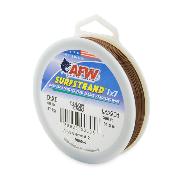 AFW Surfstrand Bare Stainless Steel Leader Material spool with 60 pound camo wire and 300 feet of leader for fishing tackle