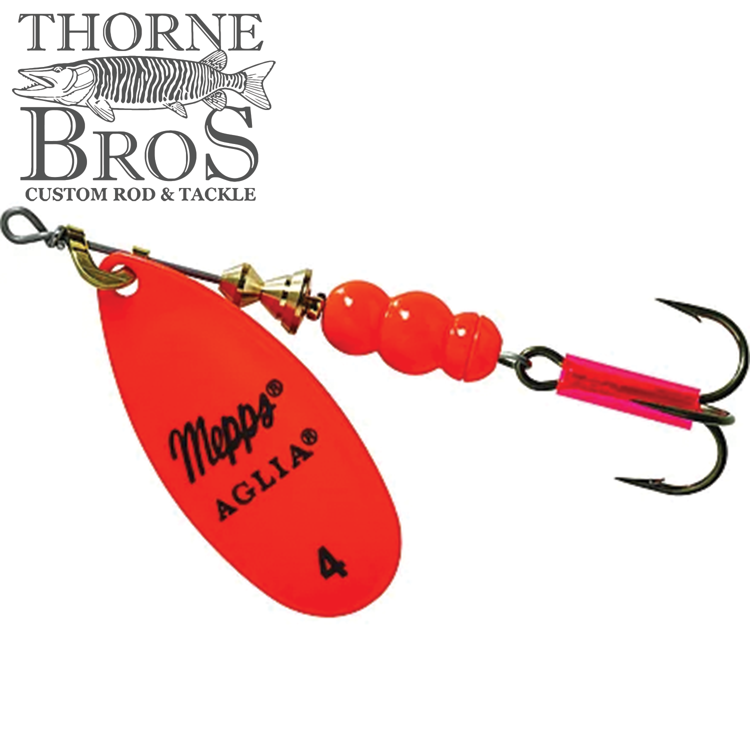 Red Mepps Aglia Spinner-Plain fishing lure with three red beads, a gold swivel, and a sharp treble hook, ideal for fishing tackle enthusiasts at Thorne Bros.