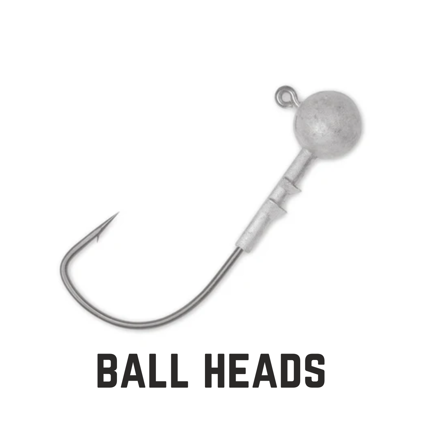 silver lead ball head jig hook with text overlay Ball heads