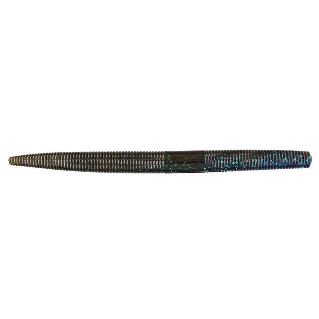 Close-up of a ribbed soft plastic fishing lure in dark color with blue flecks, designed as the Yum Dinger Worm 5" for fishing tackle use.