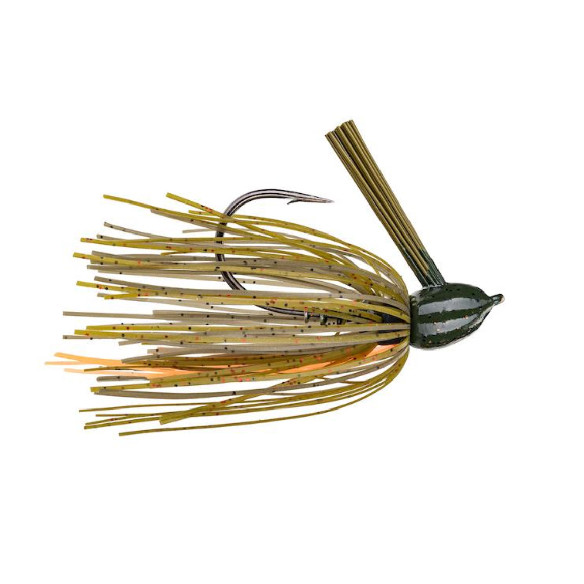 Strike King Hack Attack Fluoro Flipping Jig fishing lure with a green and yellow skirt, designed for freshwater fishing and targeting predatory fish species.