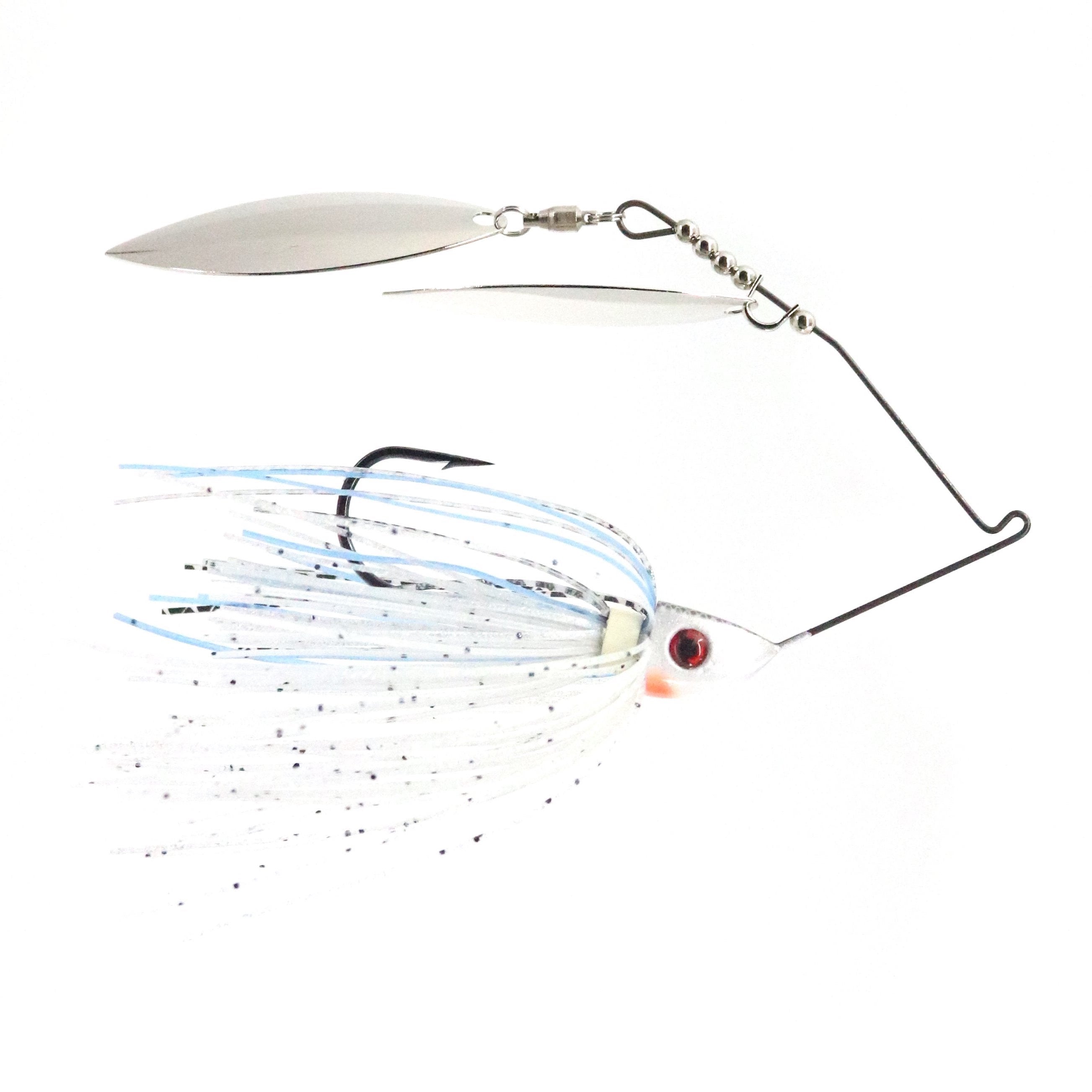Bassman Spinnerbaits TW Series Double Willow Blades fishing lure with clear shad skirt, dual silver willow blades, and a sharp black hook designed for effective fishing tackle use.