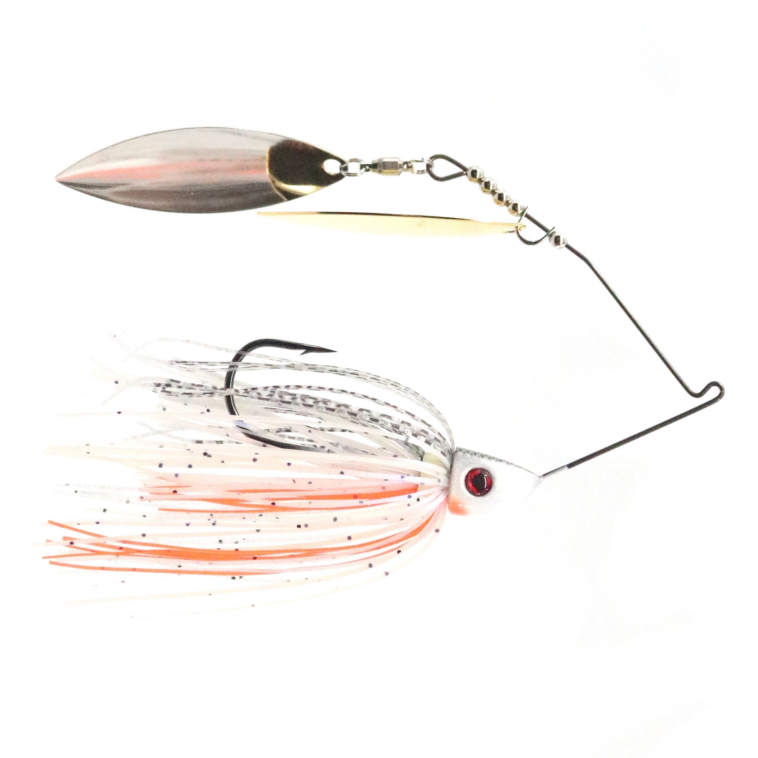 Bassman Spinnerbaits TW Series Double Willow Blades fishing lure with two reflective willow blades, clear skirt with orange and black flecks, and a sharp hook for freshwater fishing.