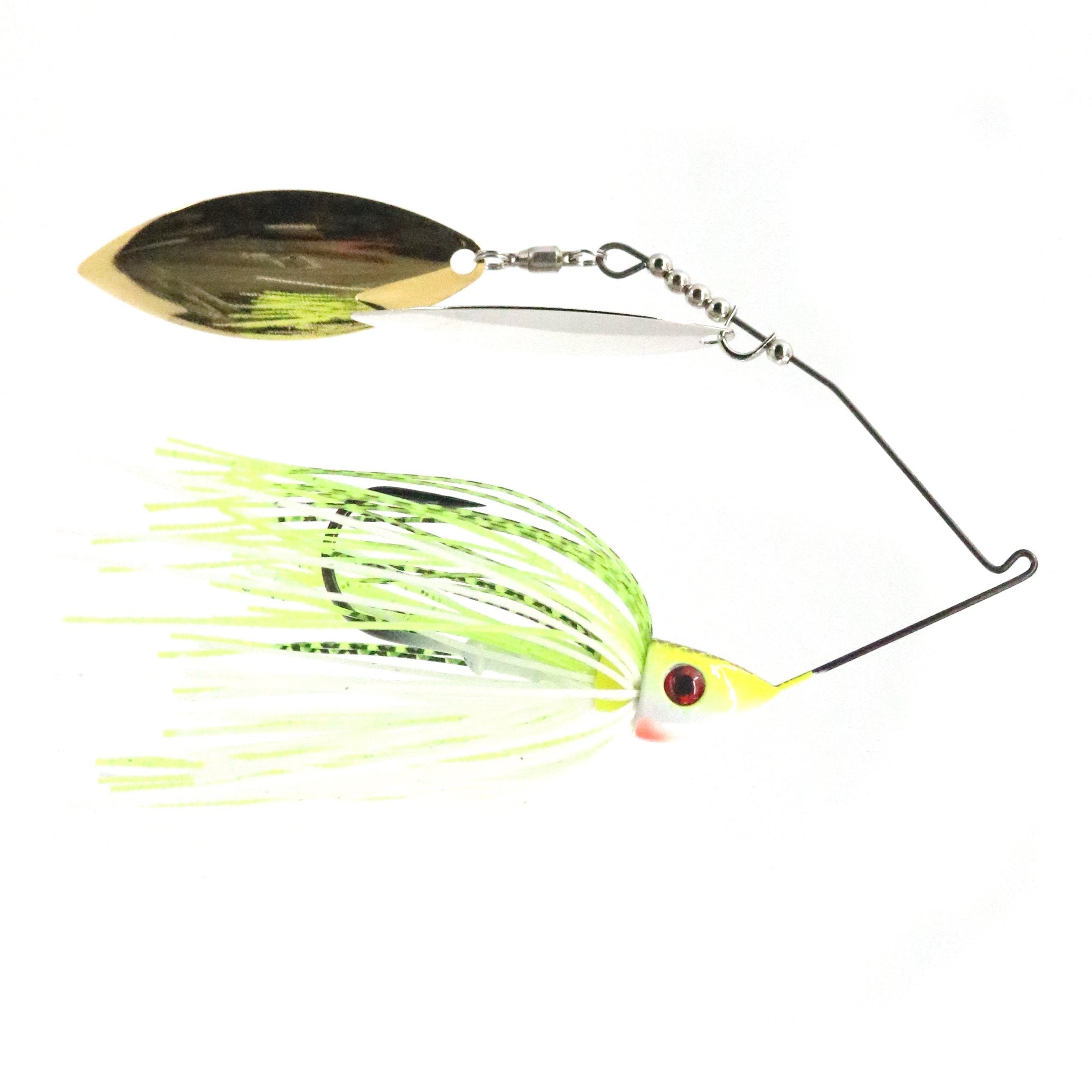 Bassman Spinnerbaits TW Series Double Willow Blades fishing lure featuring two shiny willow blades and a skirt with green and white strands designed for attracting bass.