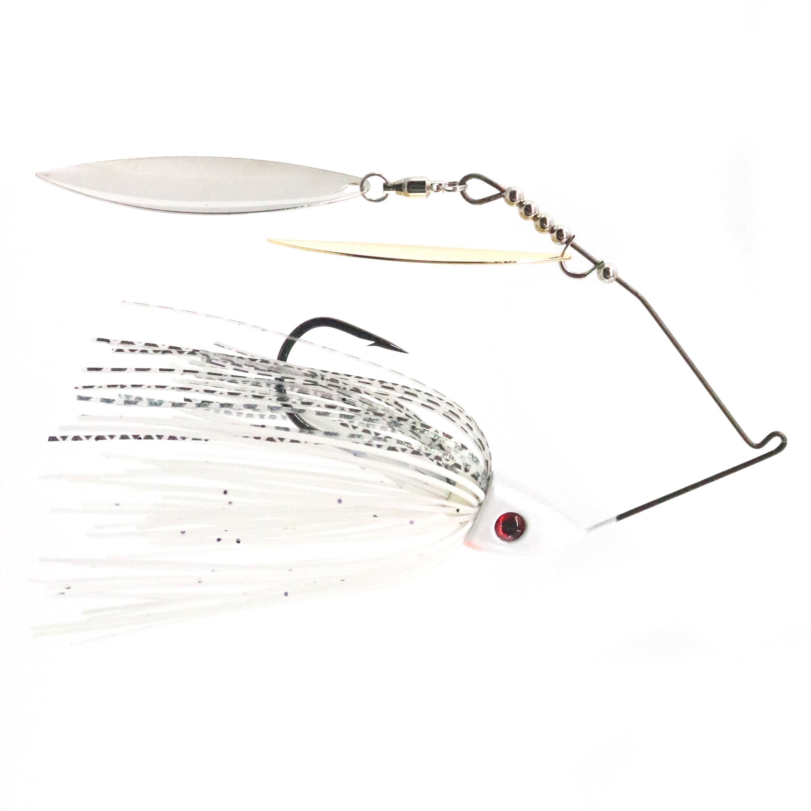 Bassman Spinnerbaits TW Series Double Willow Blades fishing lure featuring two silver willow blade spinners, a white and black skirt, and a single sharp hook designed for effective fishing tackle.