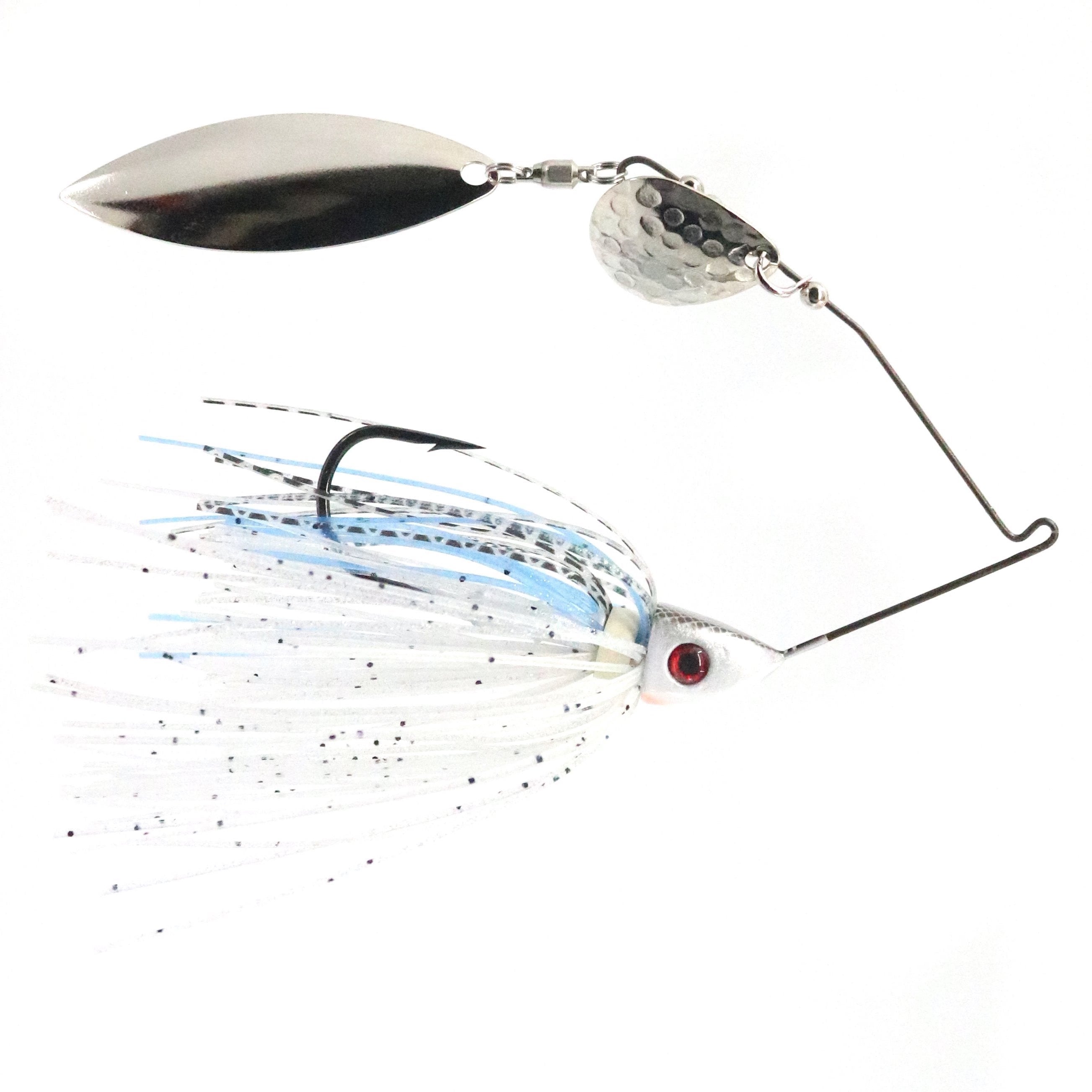 Bassman Spinnerbaits TW Series Tandem Blades fishing lure featuring two silver blades, a sharp hook, and a white and blue skirt with black speckles for attracting bass.