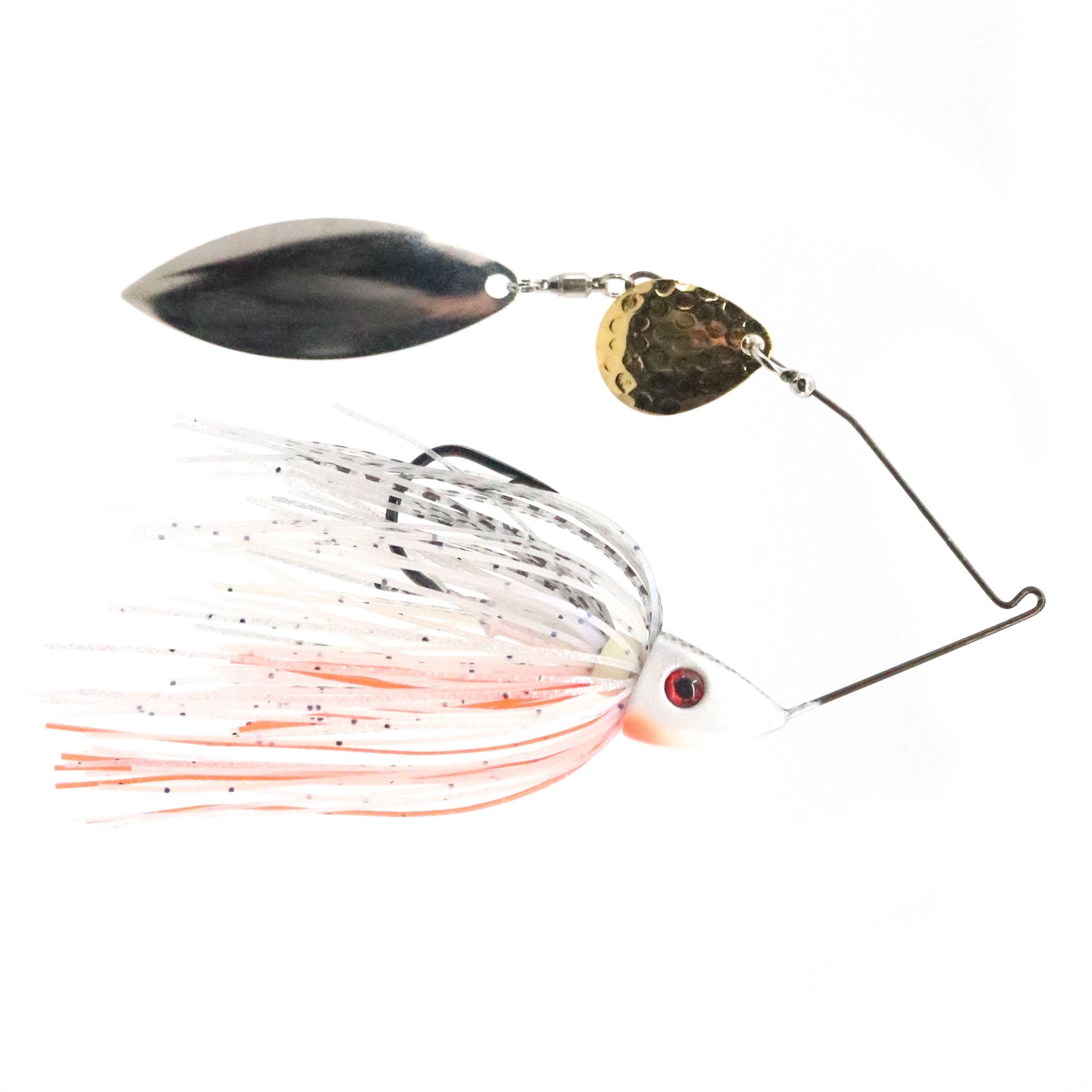 Bassman Spinnerbaits TW Series Tandem Blades fishing lure with dual metal spinner blades and a white and orange skirt, designed for effective fishing tackle use.