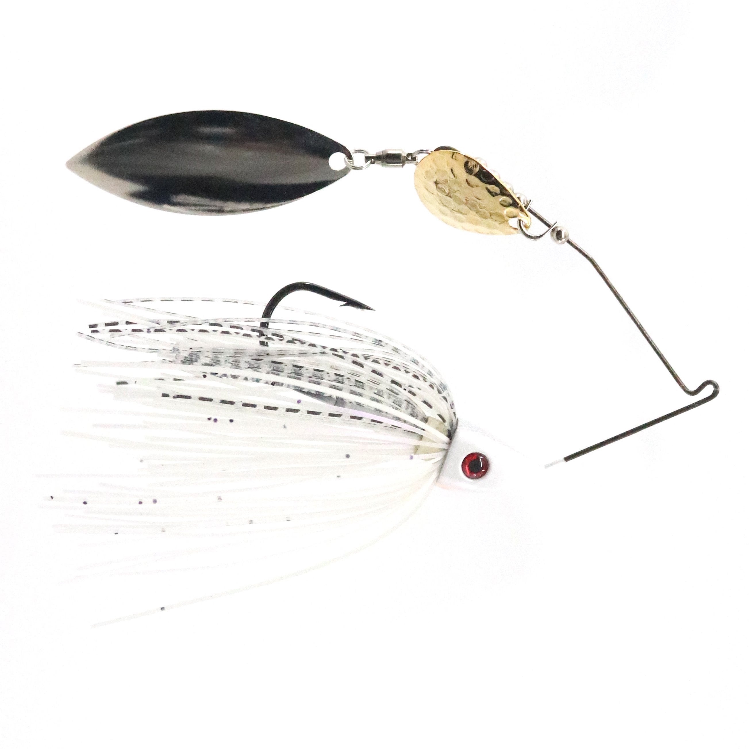 Bassman Spinnerbaits TW Series Tandem Blades fishing lure featuring a white and black skirt with realistic red eye, equipped with two spinning metal blades in silver and gold for fishing tackle use.