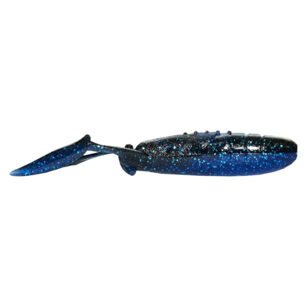 Keitech 3.5" Glide Camaron fishing lure in black and blue with glitter accents, designed for realistic swimming action in fishing tackle and lure collections.