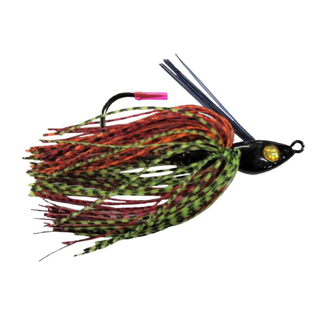 Hayabusa Lil' Schmitty Swim Jig fishing lure with a black head, yellow eye detail, and multicolored skirt in shades of red, green, and black, designed for musky fishing tackle.