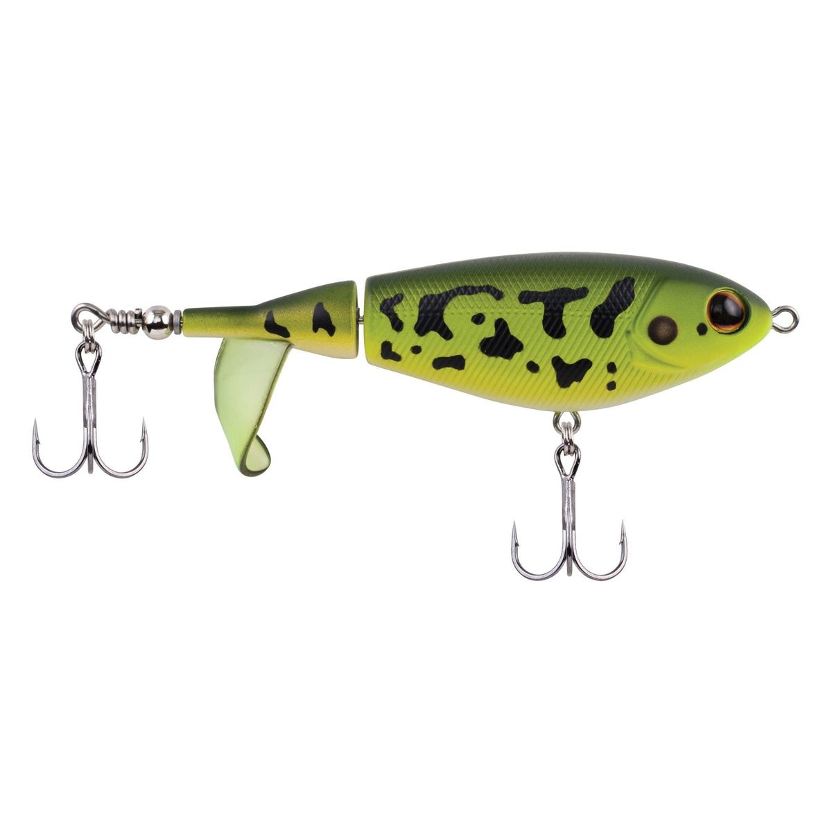 Berkley Choppo topwater fishing lure in green and yellow with black markings, featuring jointed body and two treble hooks for musky and freshwater fishing tackle.
