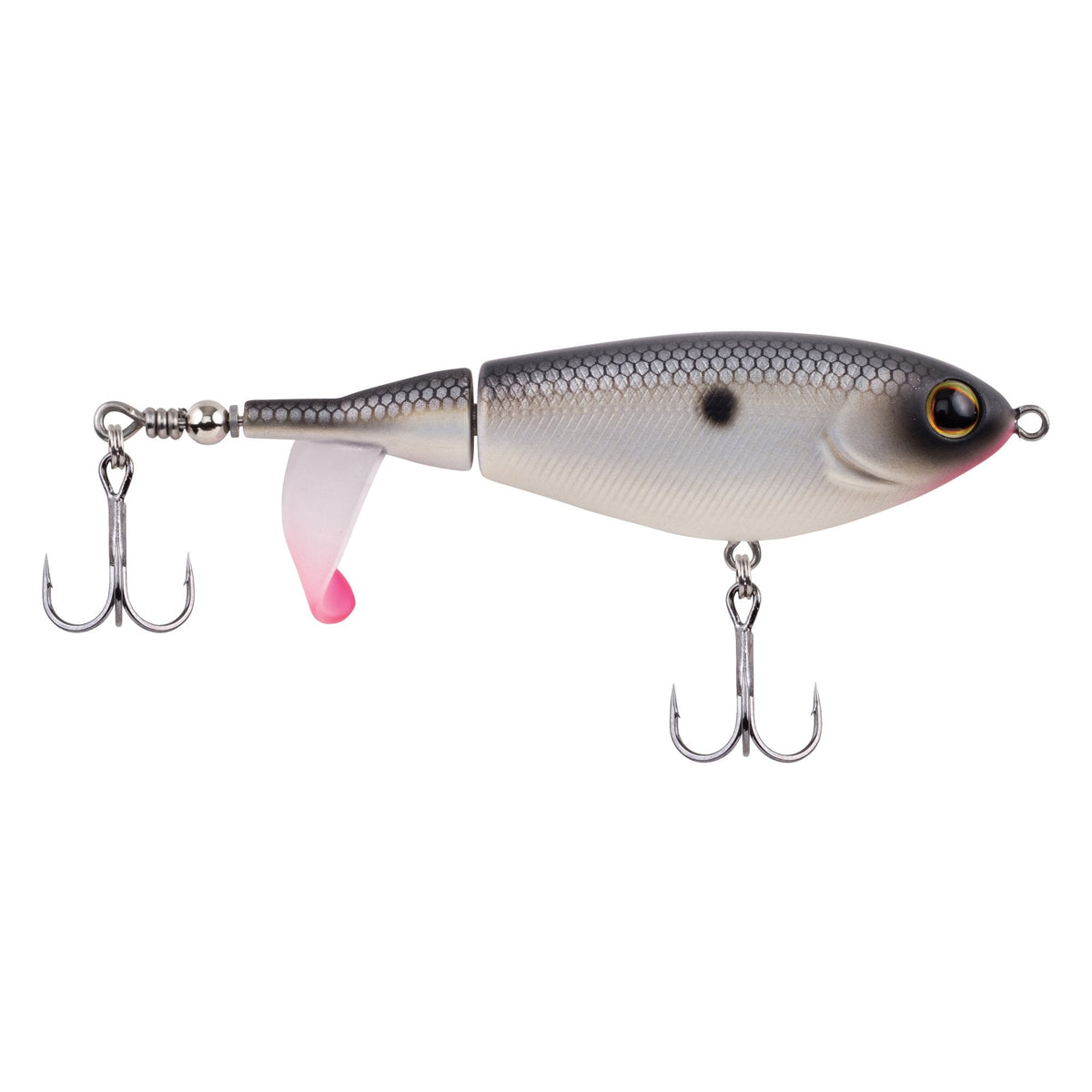 Berkley Choppo topwater fishing lure in natural shad colors, featuring a segmented body with propeller tail and two treble hooks for freshwater musky fishing.