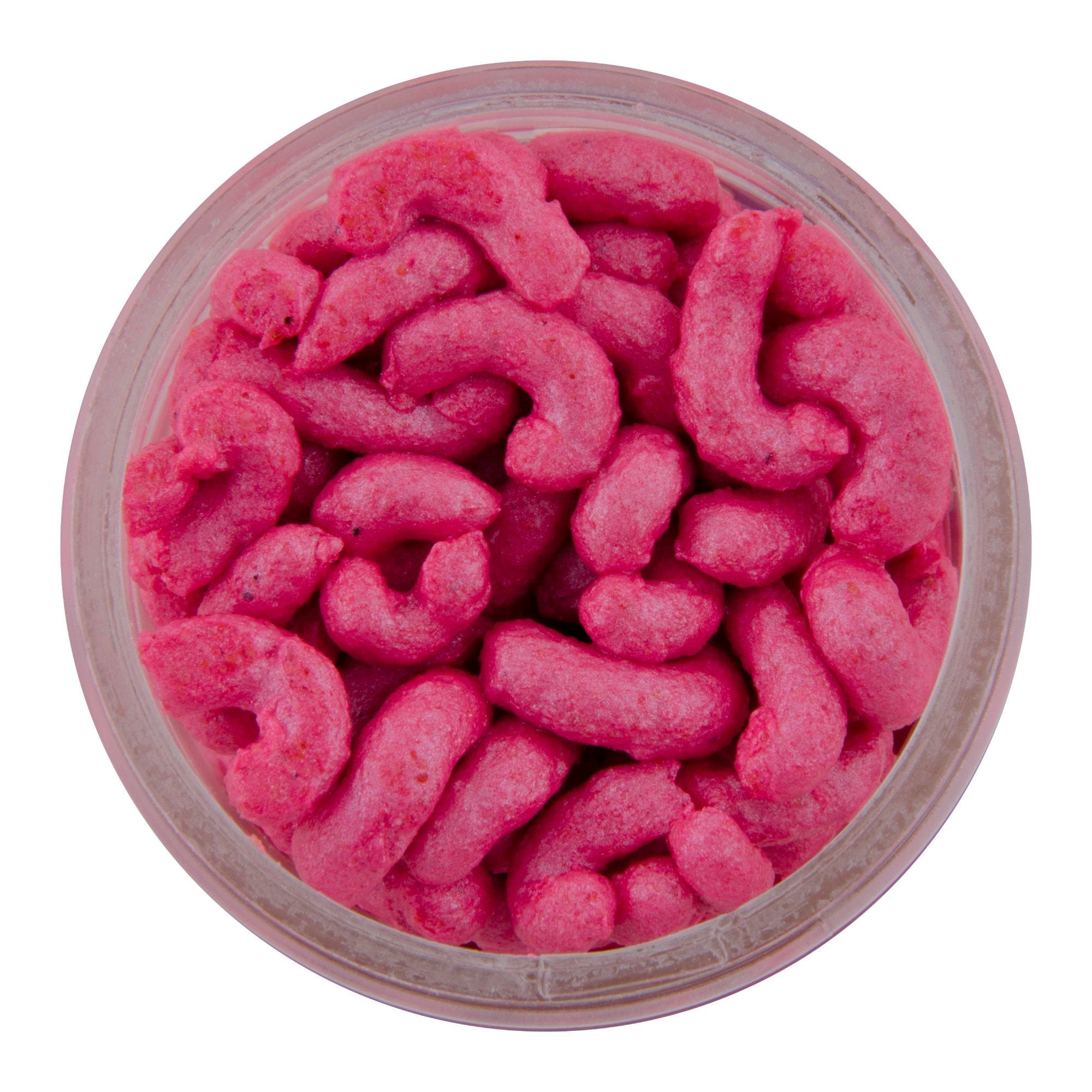 Top-down view of a clear container filled with bright pink Berkley Gulp! Maggot soft fishing baits designed for effective use in fishing tackle.