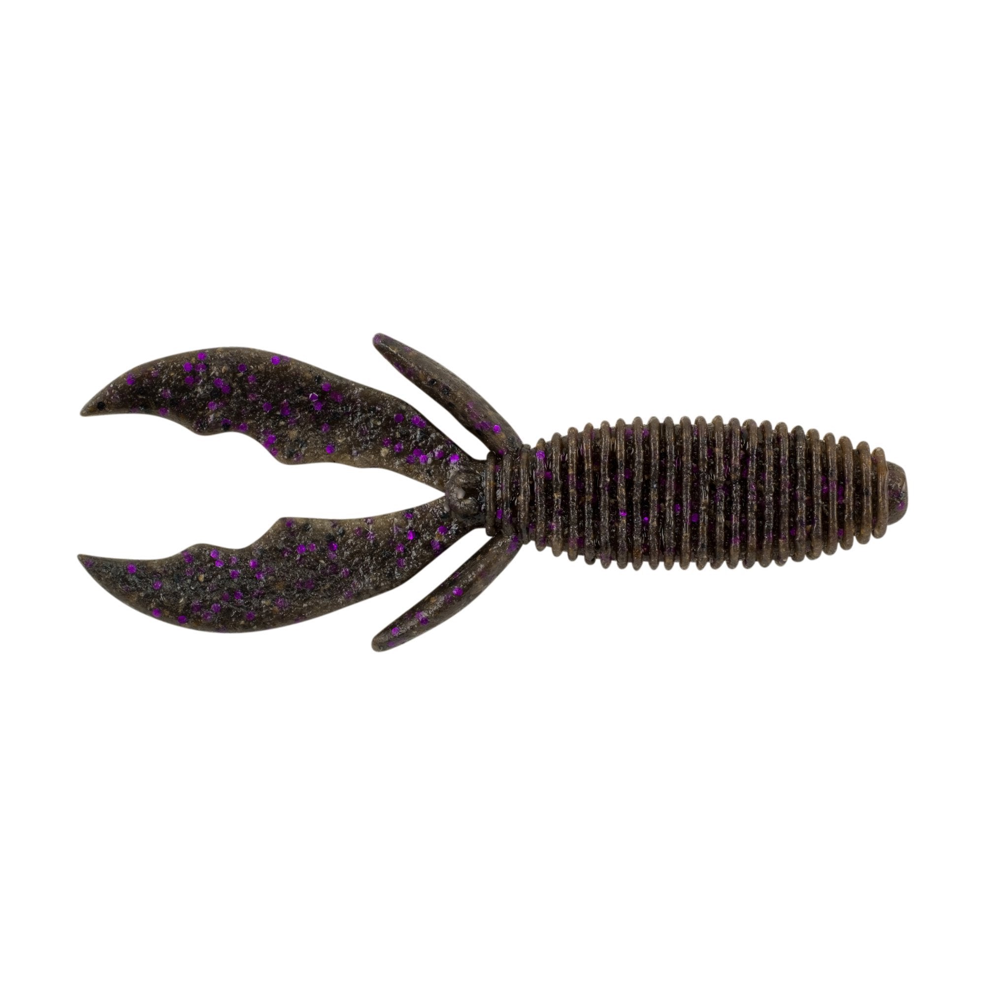 Berkley PowerBait MaxScent Creature Hawg fishing lure in dark smoke color with purple flecks, featuring a ribbed body and two large claw-like appendages for lifelike movement.