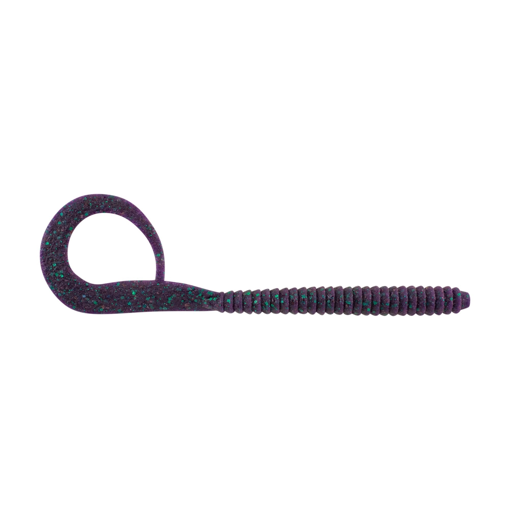 Berkley PowerBait MaxScent Kingtail Worm fishing lure in dark purple with green flecks, featuring a ribbed body and curly tail for enhanced movement in water.