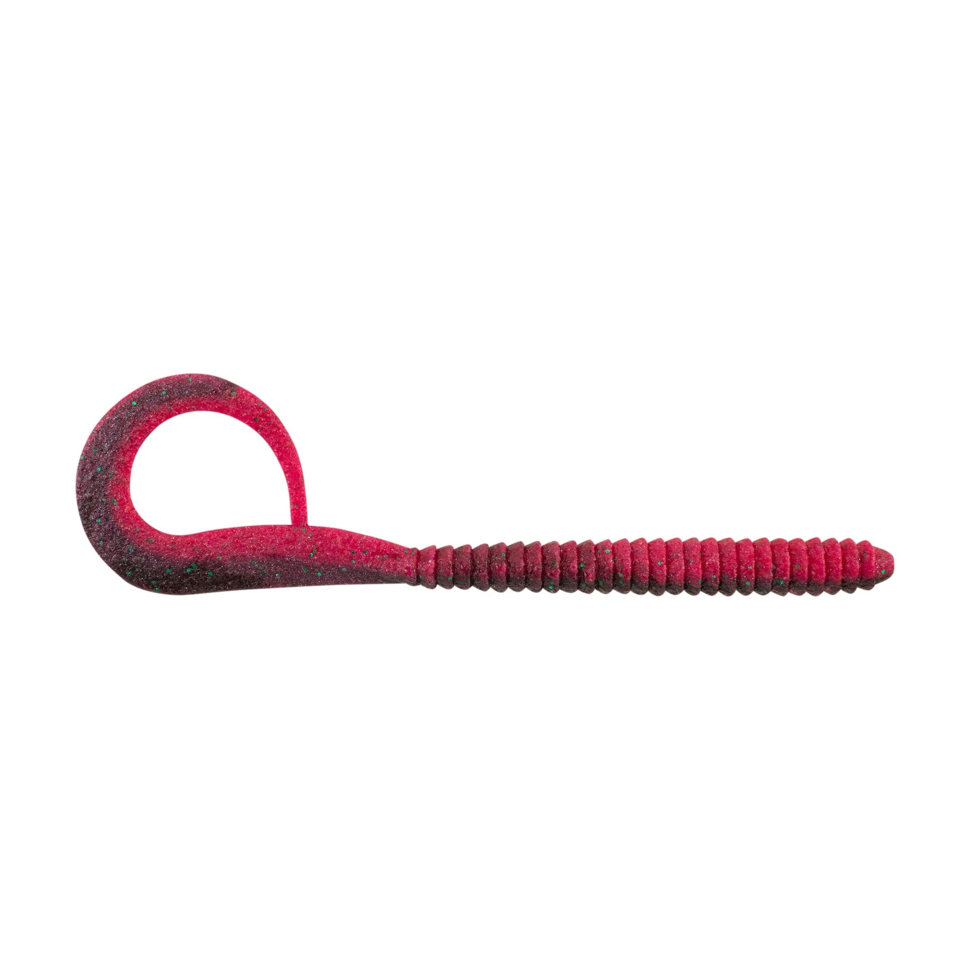 Berkley PowerBait MaxScent Kingtail Worm soft plastic fishing lure in red with green glitter, featuring a ribbed body and curly tail for realistic movement in water.