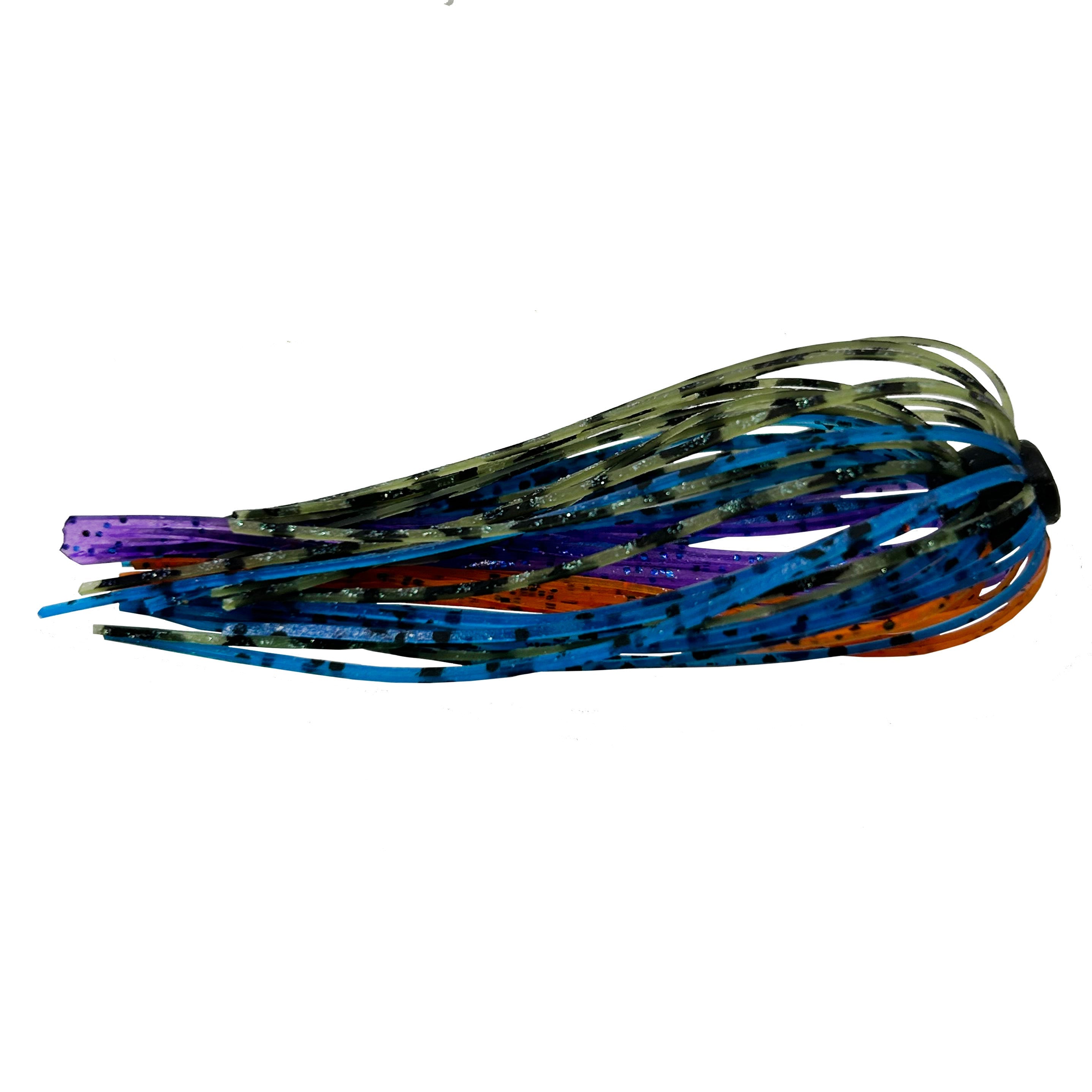 Outkast Tackle Swim Jig Skirts featuring multi-colored silicone strands in blue, purple, olive, and orange hues with black speckles, designed for fishing tackle applications.