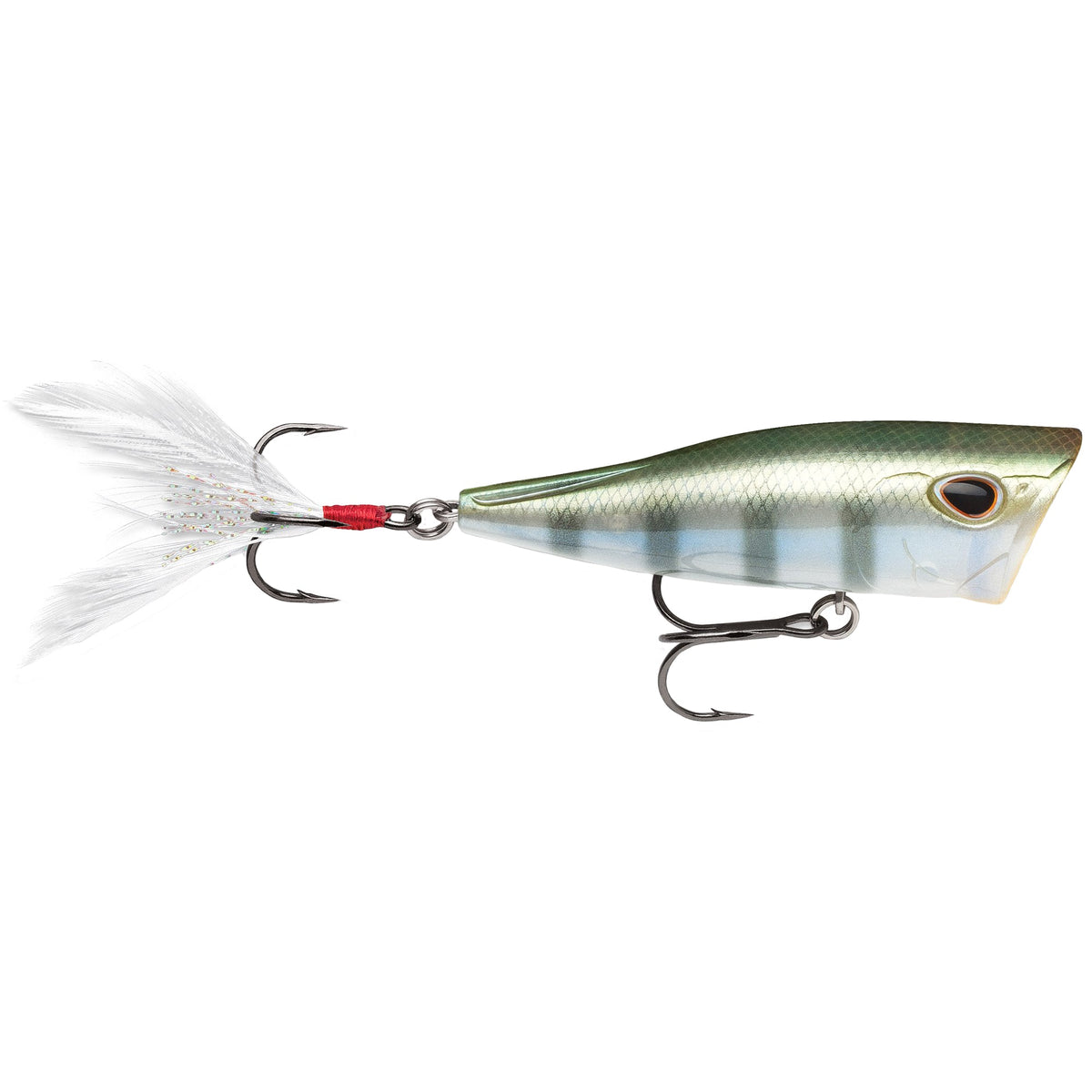 Storm Arashi Cover Pop fishing lure designed with a green and silver fish pattern, featuring two treble hooks and white feather accents for effective fishing tackle use.