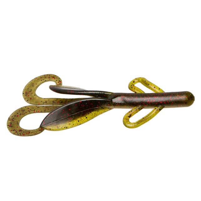 Zoom Brush Hog fishing lure in green and brown with multiple curled appendages and red speckles, designed for musky and ice fishing tackle.