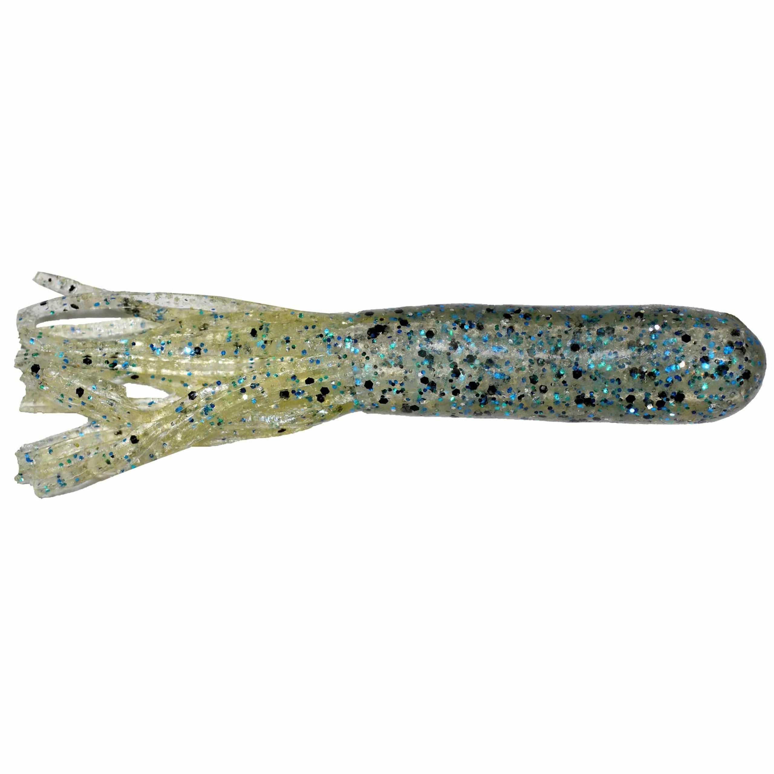 Big Bite Baits 3.5" Salt Tube soft fishing lure in translucent bluegill color with black and blue glitter flecks, designed for use with fishing tackle targeting musky and other species.