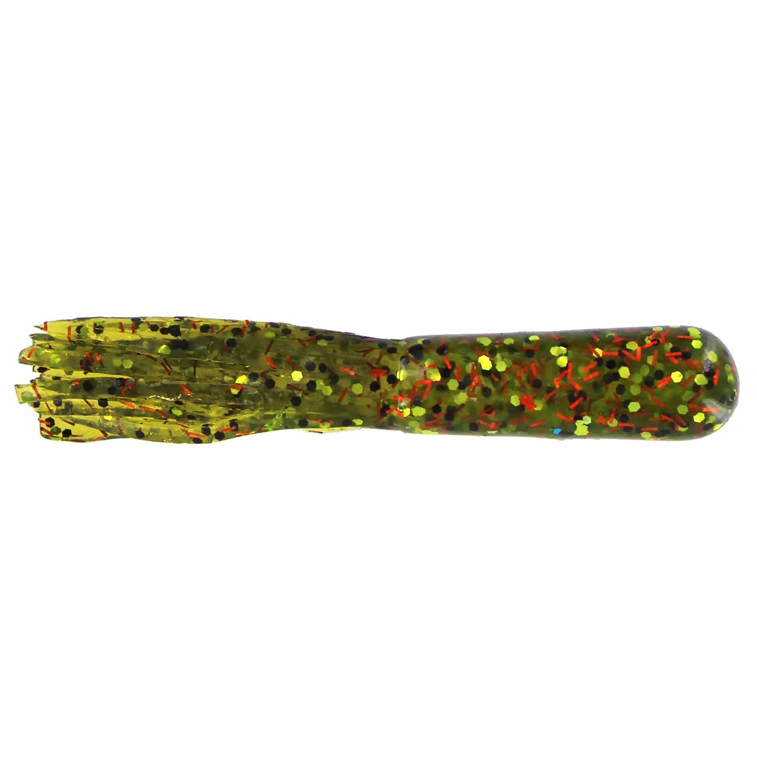 Big Bite Baits 3.5" Salt Tube soft fishing lure in translucent green with multicolored glitter, designed for freshwater fishing and musky tackle enthusiasts.