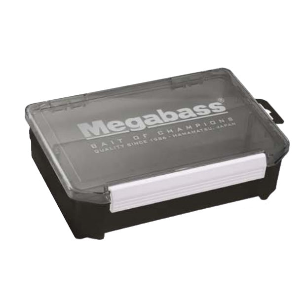 Megabass Lunker Lunch Box - 8.25" x 5.7" x 2.36" fishing tackle box with a transparent lid and black base, designed for organizing fishing lures and accessories.