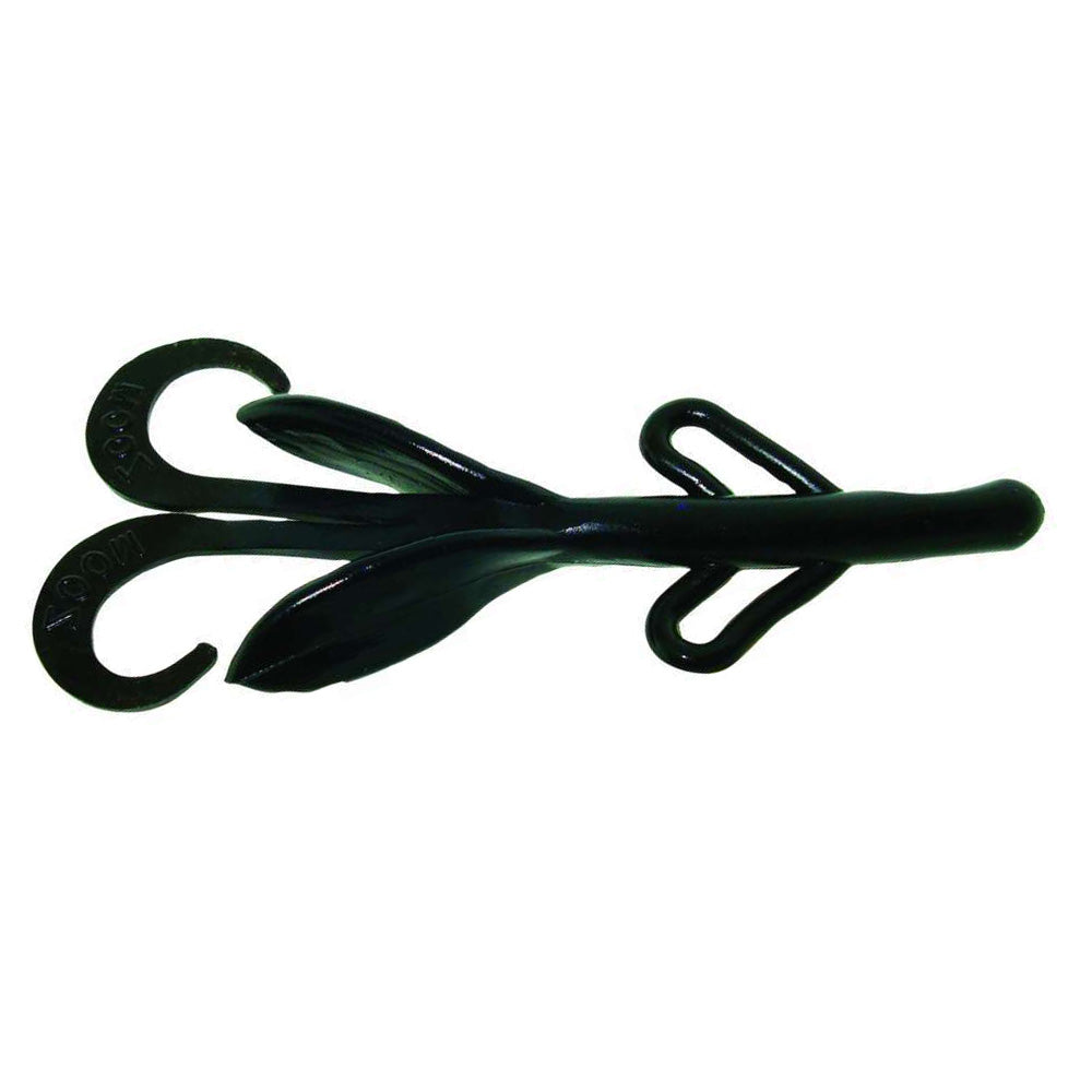 Zoom Baby Brush Hog soft fishing lure in black with twin curly tails and ribbed body designed for lifelike movement in water.