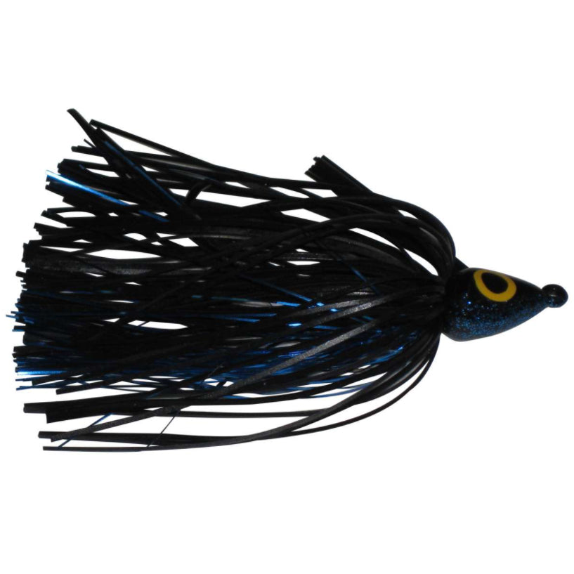 Lethal Weapon II Swim Jig with a black and blue skirt, featuring a weighted head with a yellow eye, designed for effective fishing tackle use.