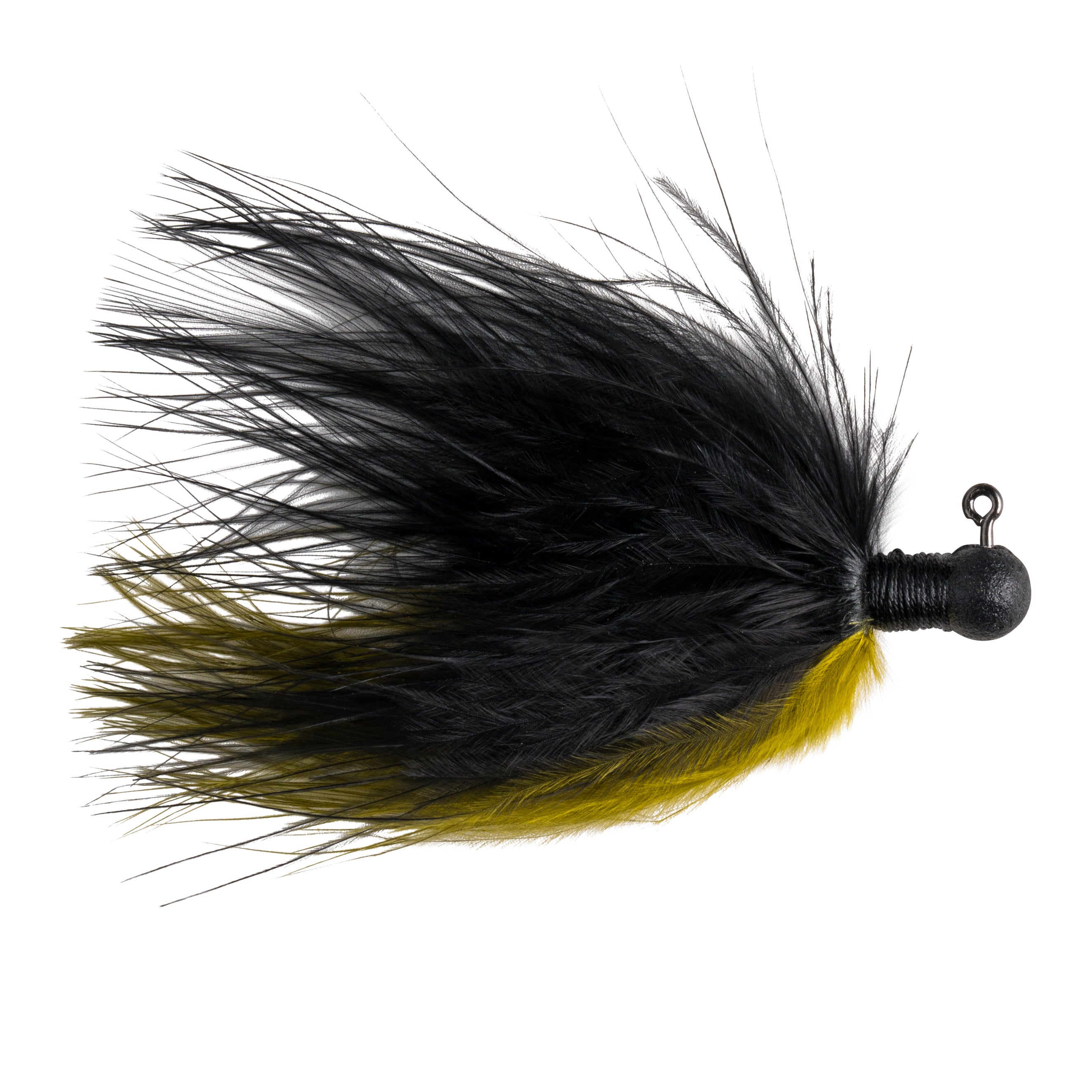 Great Lakes Finesse Marabou Jig with black and olive feathers attached to a weighted hook, designed for fishing tackle and lure applications.