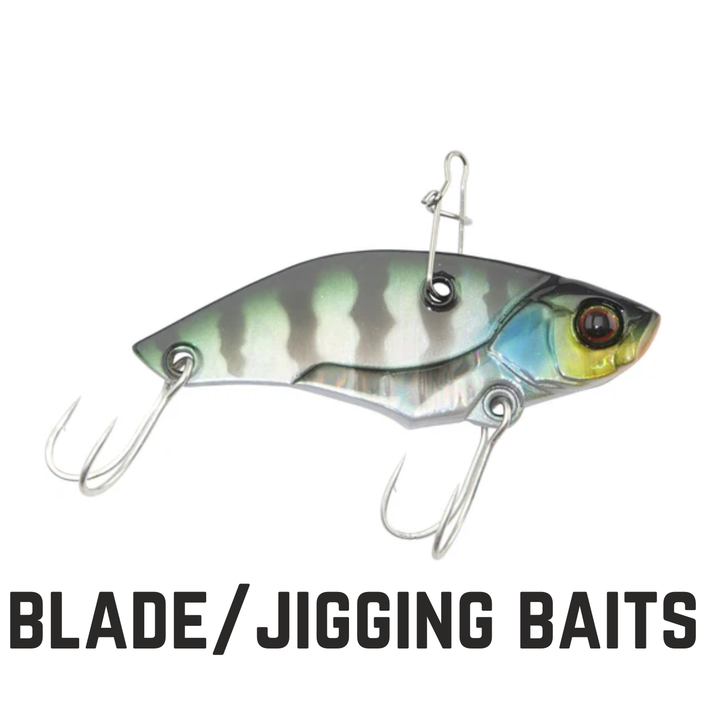 black green and blue blade bait. with text overlay blade/jigging baits
