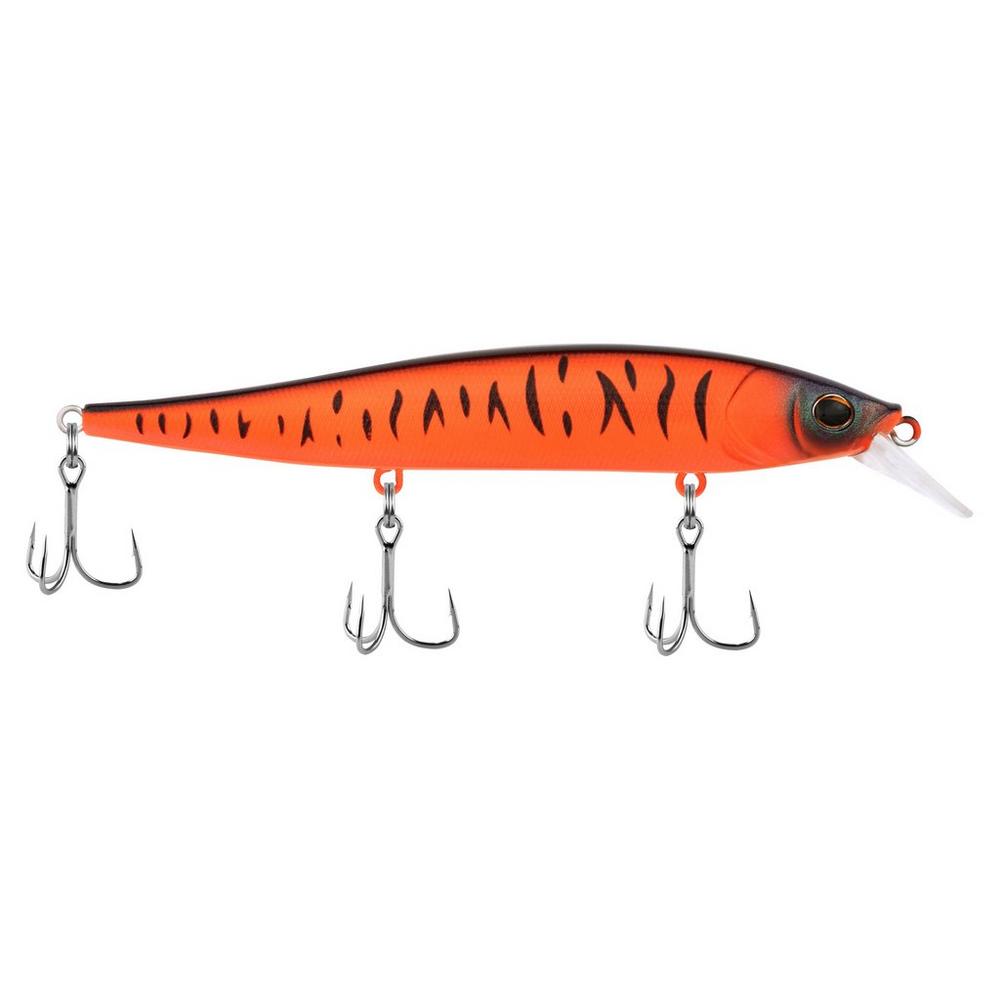 Berkley Stunna 112 Jerkbait fishing lure in bright orange with black stripes, featuring three treble hooks and a clear diving lip for effective fishing tackle use.