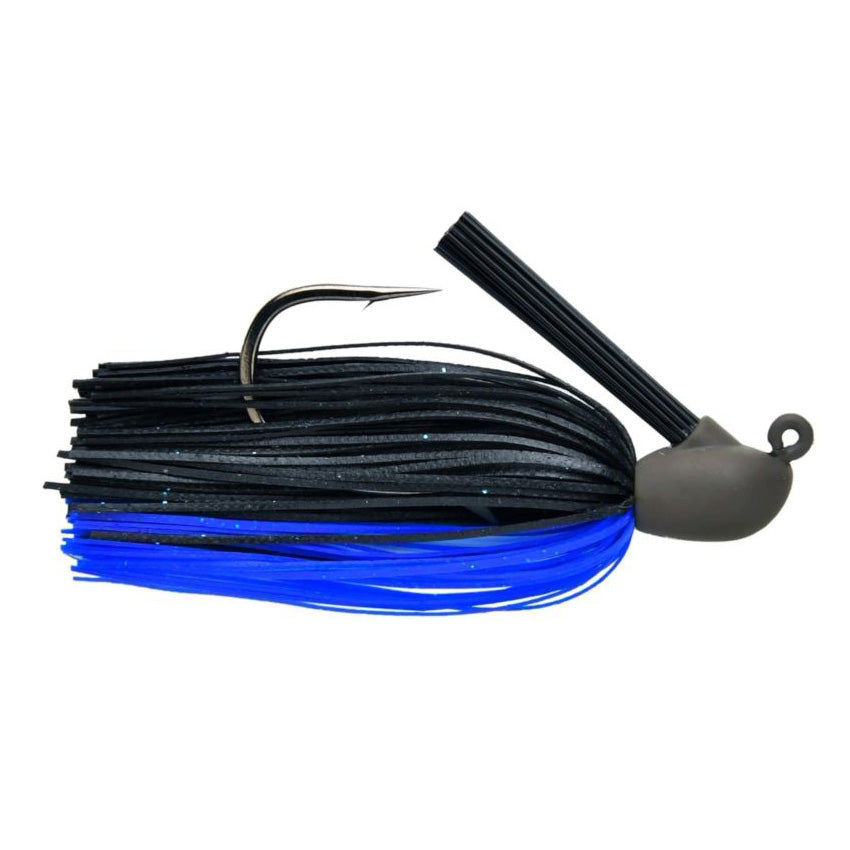Keitech Model IV Heavy Duty Jig fishing lure with black and blue silicone skirt, sharp single hook, and protective weed guard, designed for musky and heavy-duty fishing tackle.