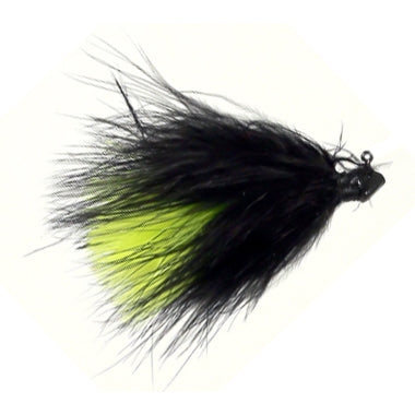 Outkast Tackle Fighter Fly Marabou Jig featuring dense black and bright chartreuse marabou feathers with a detailed jig head designed for effective fishing lure performance.