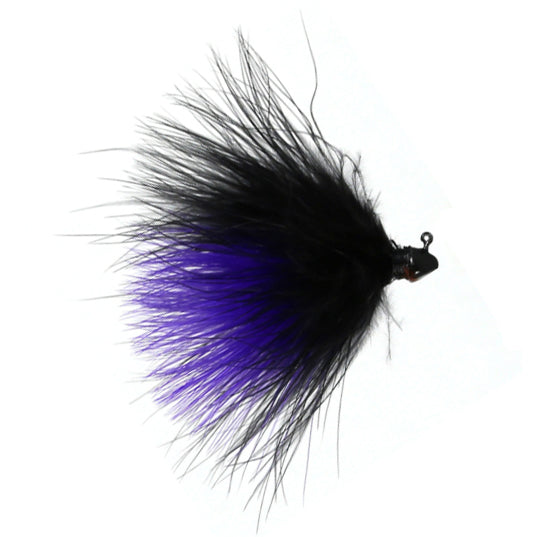 Outkast Tackle Fighter Fly Marabou Jig featuring fluffy black and deep purple feathers with a weighted head, designed for effective fishing lure action in fishing tackle.