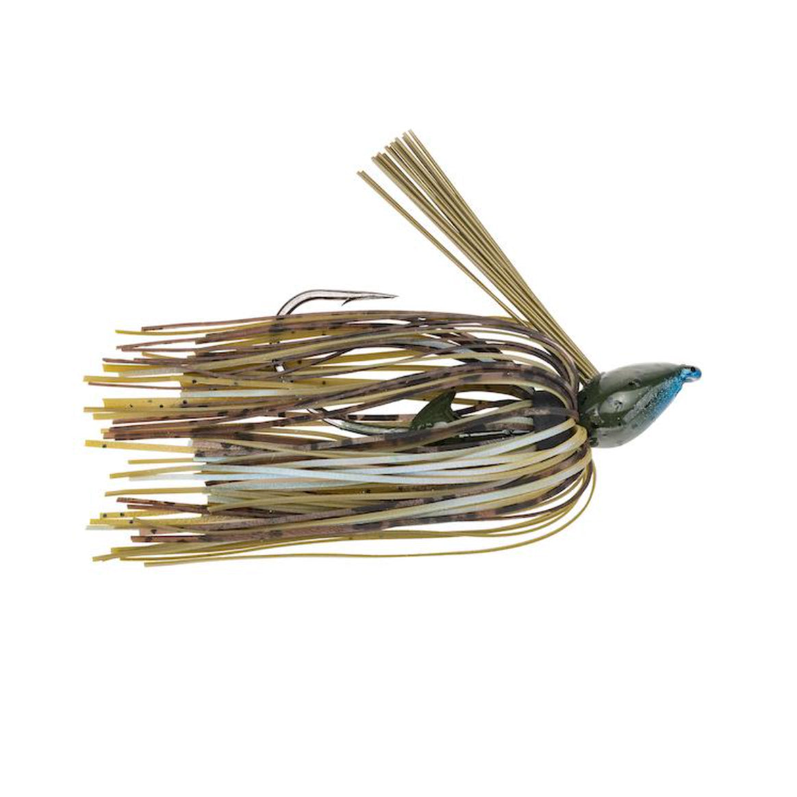 Strike King Denny Brauer Baby Structure Jig fishing lure with a camouflaged skirt in shades of brown, tan, and green, featuring a molded head and a weed guard for effective musky fishing.