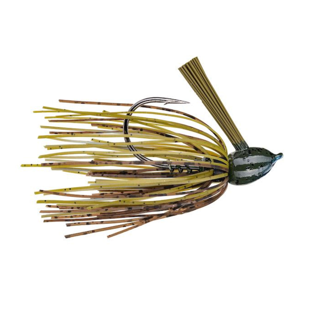 Strike King Hack Attack Fluoro Flipping Jig featuring a realistic green and brown skirt with a sharp hook, designed for effective fishing tackle targeting musky and other species.