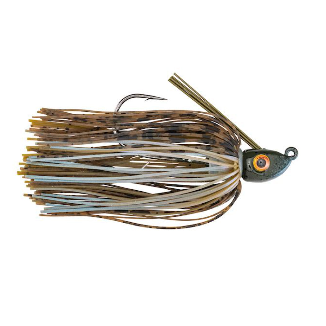 Strike King Tour Grade Swim Jig with a brown and blue skirt, lifelike orange eye, and sturdy hook designed for effective fishing tackle use.
