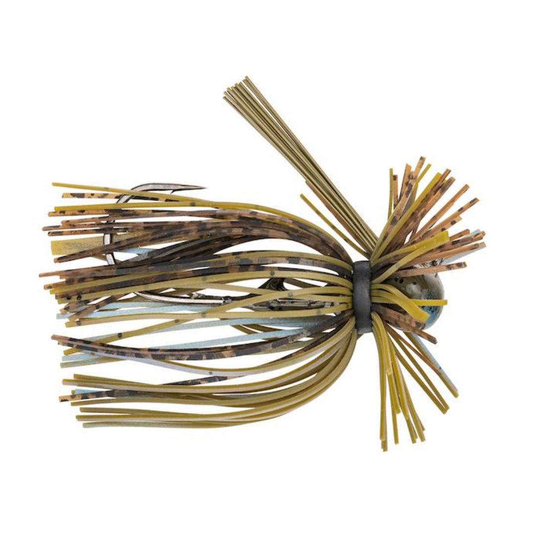 Strike King Tour Grade Finesse Football Jig fishing lure featuring a camouflaged skirt with brown, tan, and yellow strands designed for precision freshwater fishing tackle.