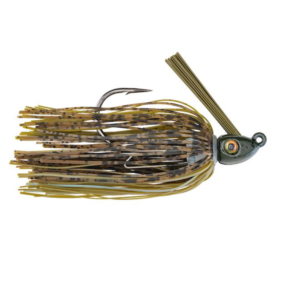 Strike King Hack Attack Heavy Cover Swim Jig with camo green and brown skirt, sharp hook, weighted head, and weed guard designed for fishing tackle and musky fishing.
