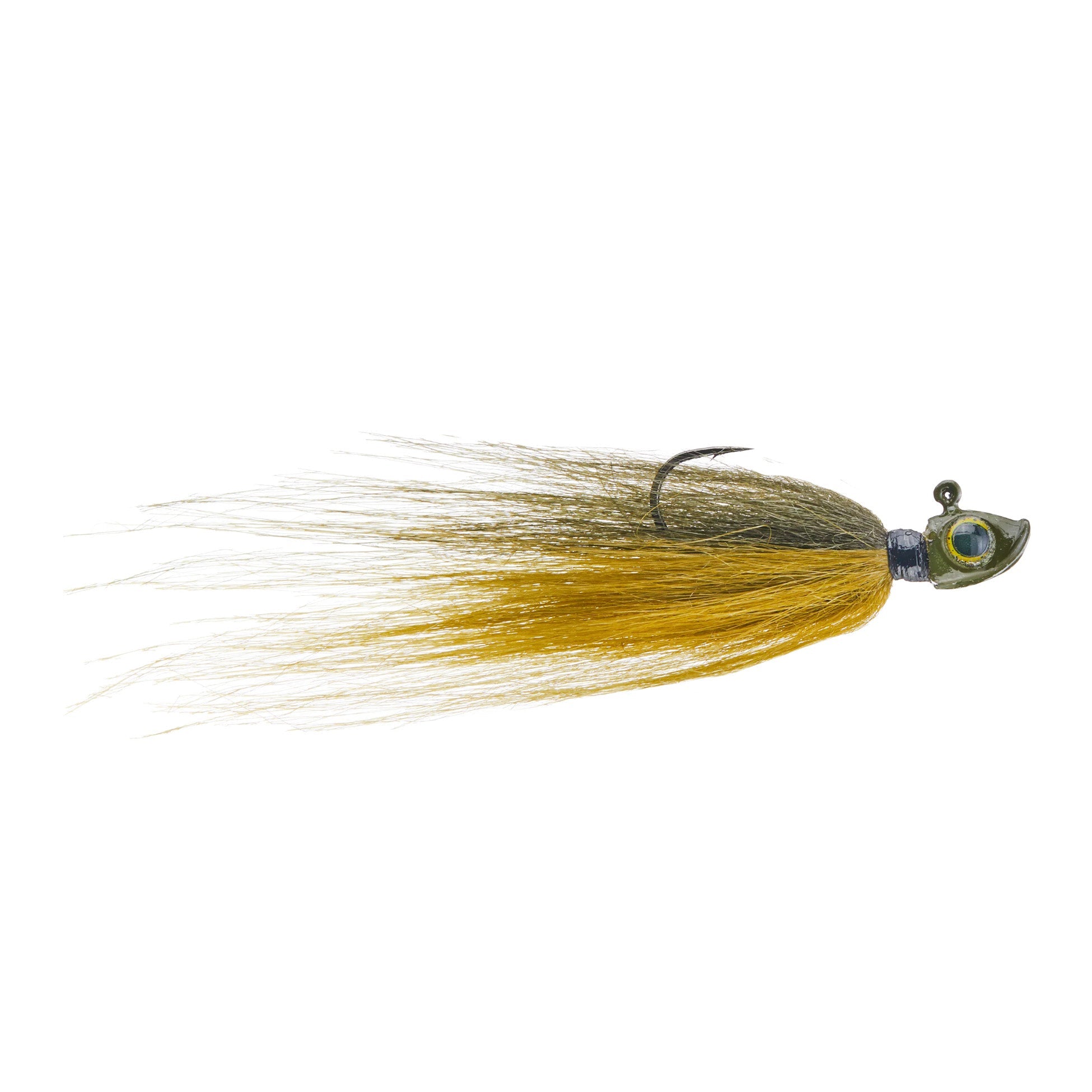 Outkast Tackle Float N Fly Hair Jig with a realistic fish head design, olive and yellow synthetic hair for fishing lures, featuring a single sharp hook for freshwater fishing.