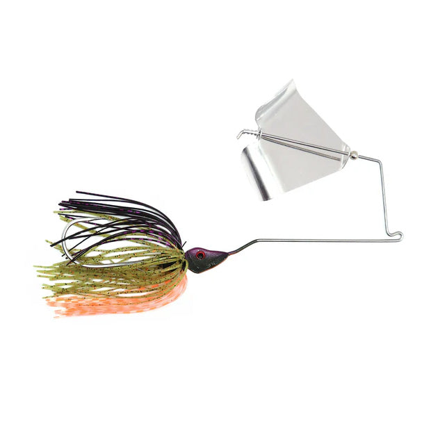 Epic Baits Slow Roll'r Buzzbait fishing lure with a wire frame, silver buzz blade, and skirted hook featuring green, orange, and black colors designed for musky fishing.