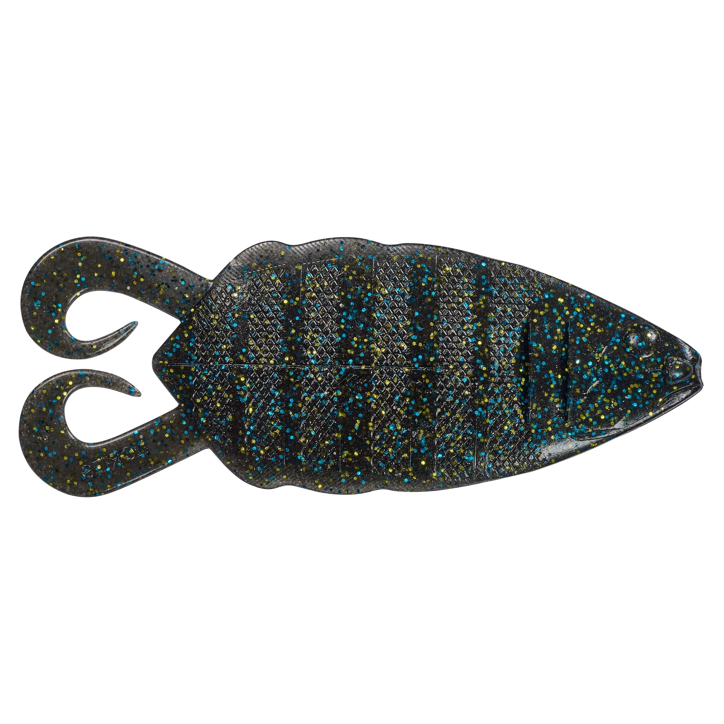 Nories 5" Flip Gill soft plastic fishing lure in dark color with blue and yellow flecks, designed to mimic a small baitfish for fishing tackle.