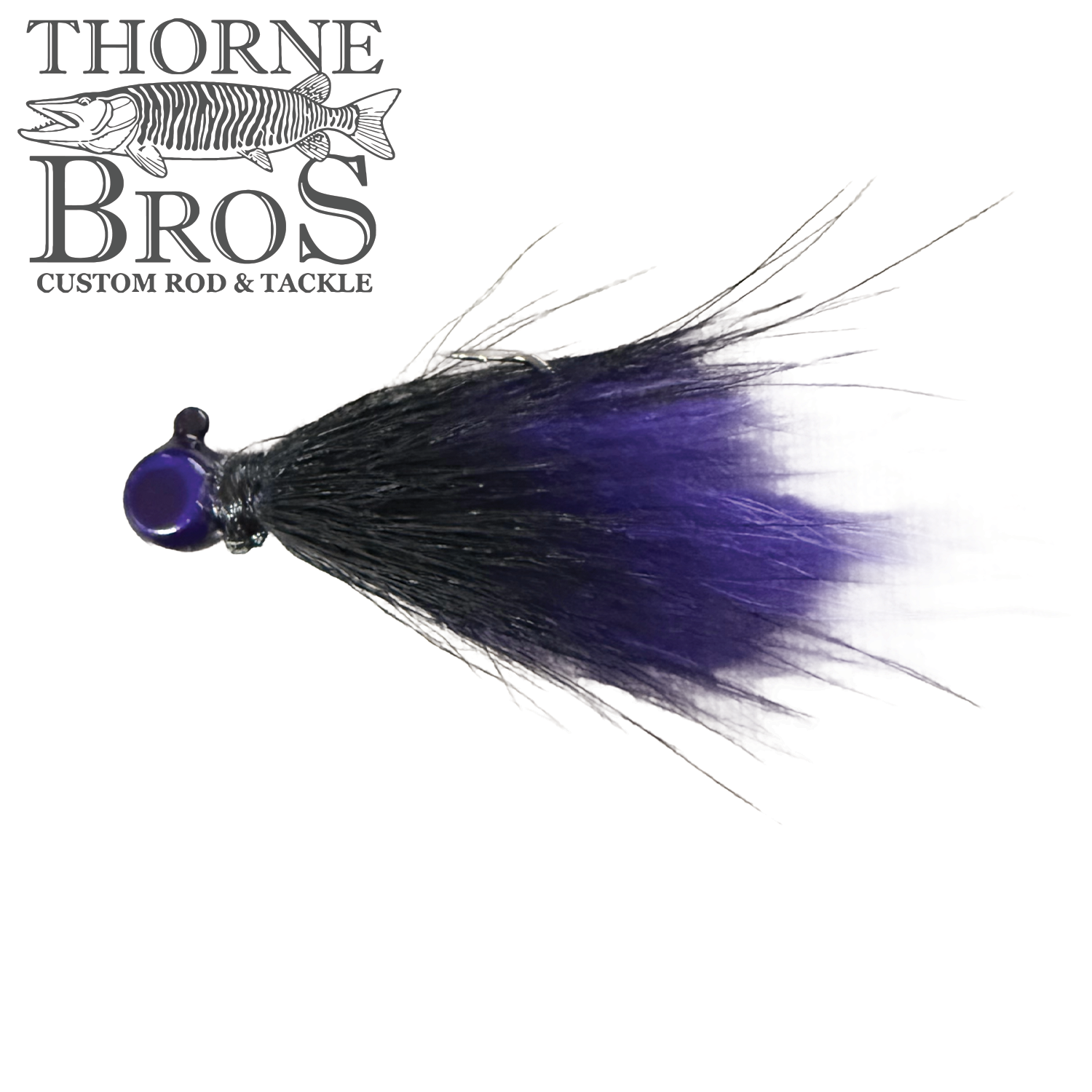 Thorne Brothers Hair Jig - Finesse fishing lure with a black and purple feathered tail and a glossy purple bead head designed for musky and finesse fishing techniques.