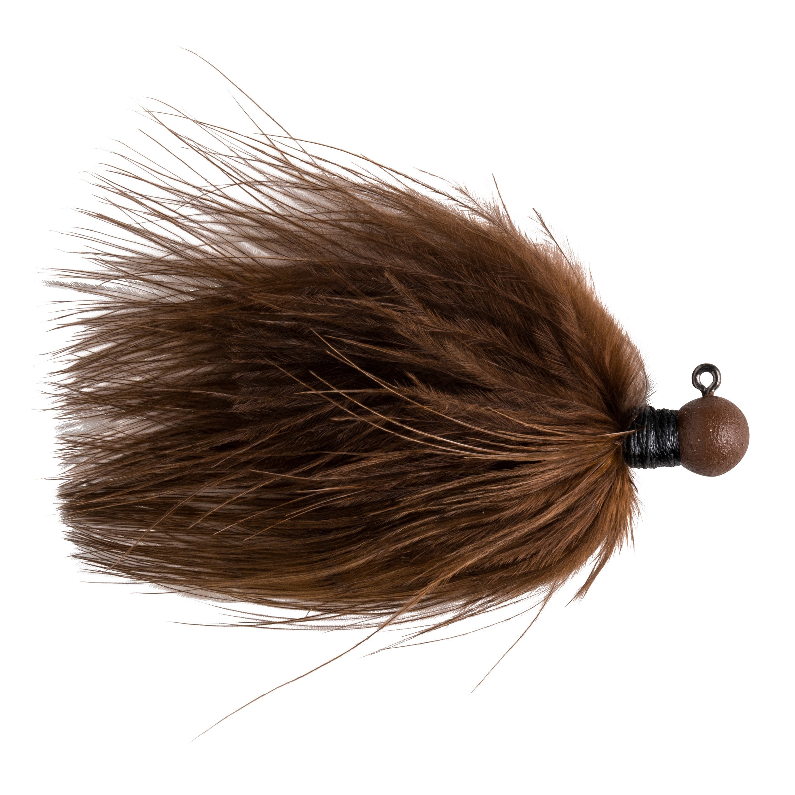 Great Lakes Finesse Marabou Jig featuring a dense brown marabou feather body and a weighted jig head, designed for effective fishing tackle use.