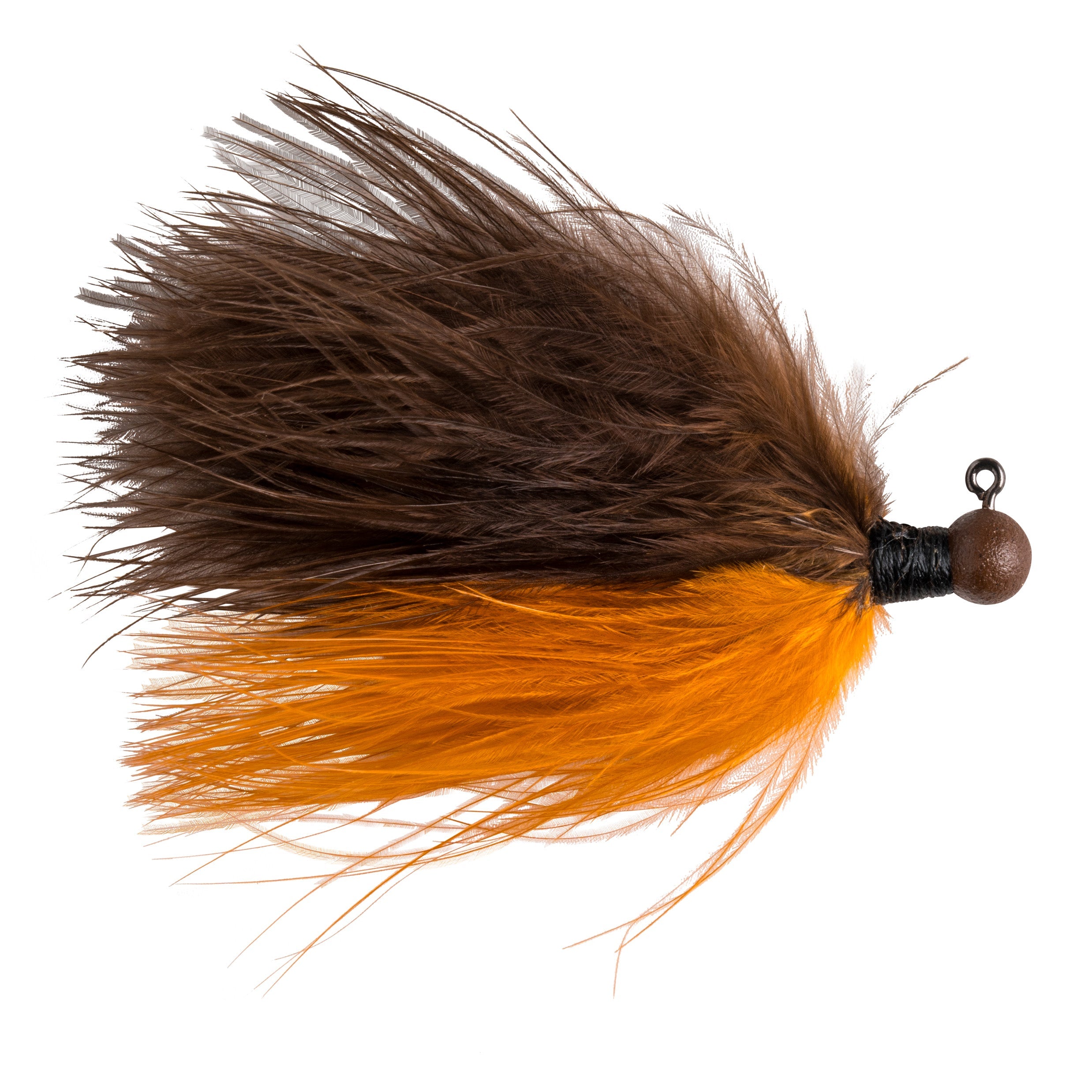 Great Lakes Finesse Marabou Jig with soft brown and orange marabou feathers and a weighted head, designed for effective fishing lure performance.