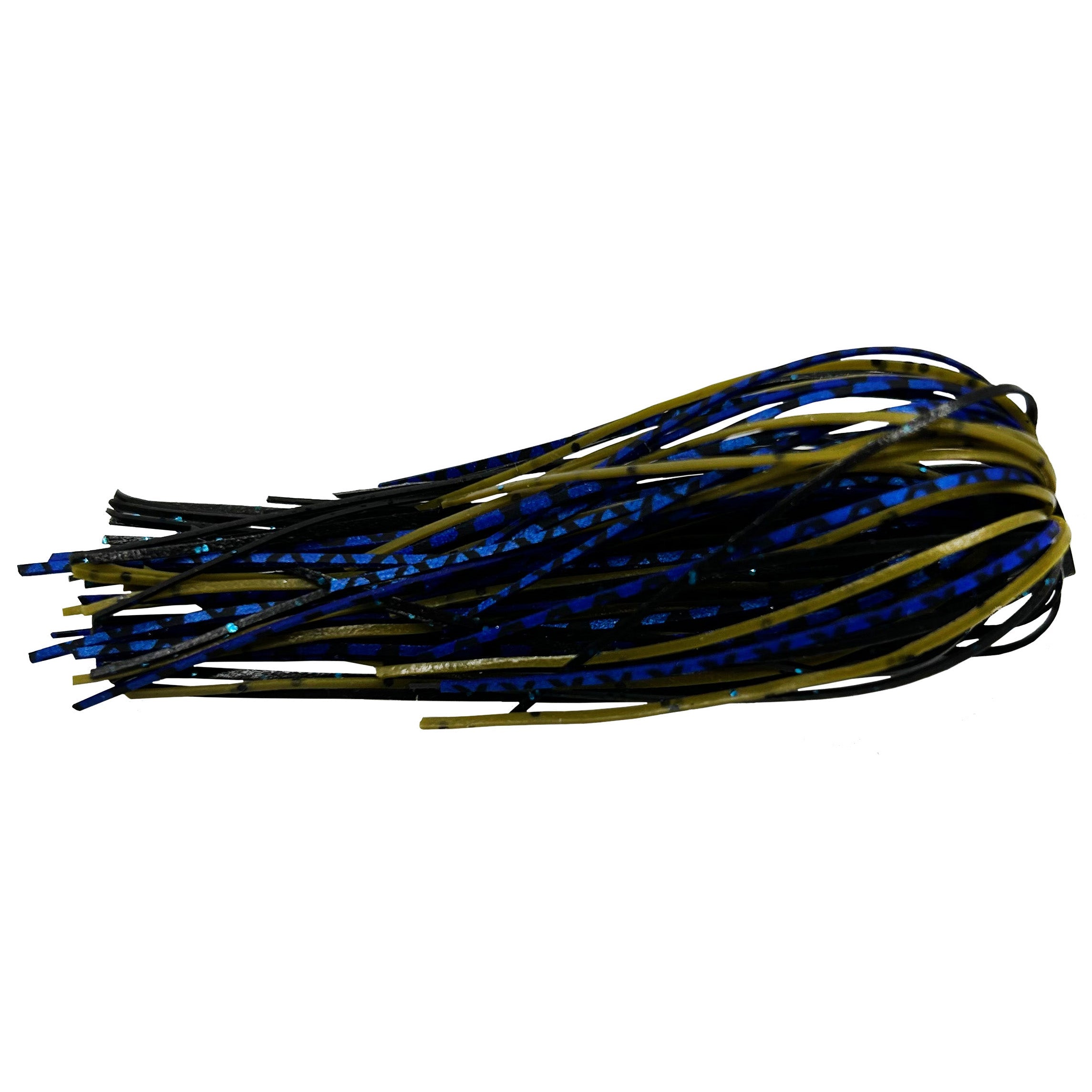 Outkast Tackle Jig Skirts featuring flexible, multi-colored strands in blue, black, and olive designed for use with fishing tackle to enhance lure appearance and attract fish.